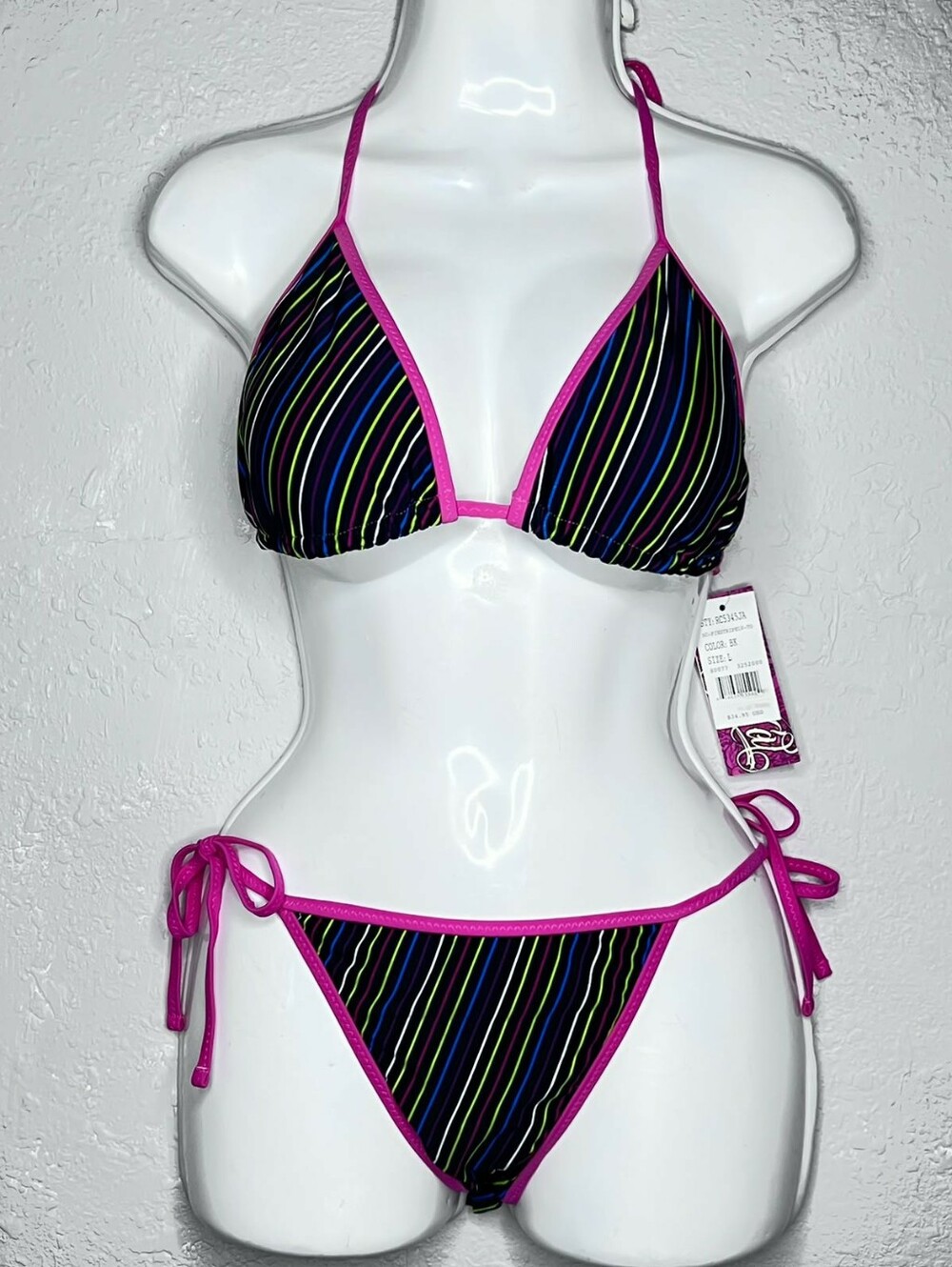 So Cal Y2K Women’s Stripe Triangle Bikini - Hot Pink Trim